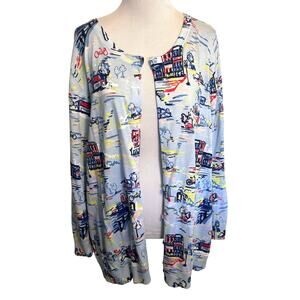 Talbots Woman Charming Cardigan Womens Size 2X Light Blue Scenic Cityscape